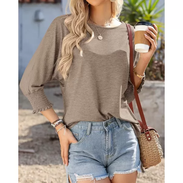 imageBTFBM Casual Tops for Women Dressy Summer Spring T Shirts 34 Puff Sleeve Crewneck Loose Babydoll BlousesSolid Taupe