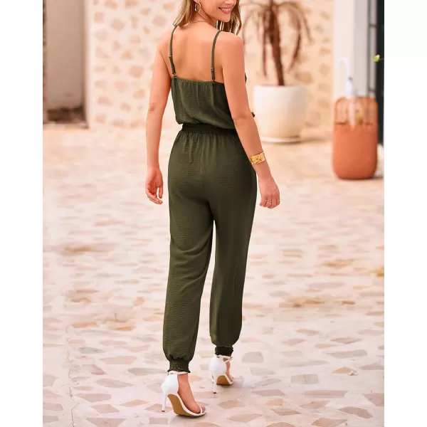 imageBTFBM Jumpsuits For Women Summer Casual Sleeveless Spaghetti Strap Long Pants Rompers Elastic Waist One Piece JumpsuitSolid Army Green