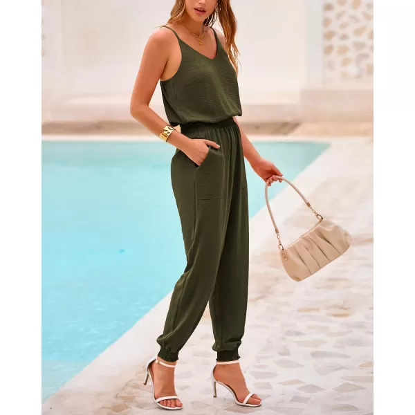 imageBTFBM Jumpsuits For Women Summer Casual Sleeveless Spaghetti Strap Long Pants Rompers Elastic Waist One Piece JumpsuitSolid Army Green