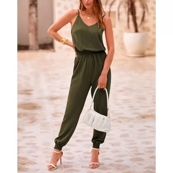 imageBTFBM Jumpsuits For Women Summer Casual Sleeveless Spaghetti Strap Long Pants Rompers Elastic Waist One Piece JumpsuitSolid Army Green