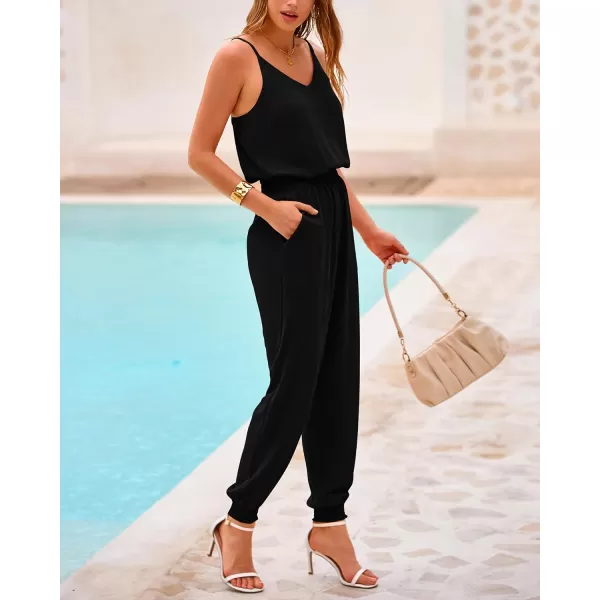 imageBTFBM Jumpsuits For Women Summer Casual Sleeveless Spaghetti Strap Long Pants Rompers Elastic Waist One Piece JumpsuitSolid Black