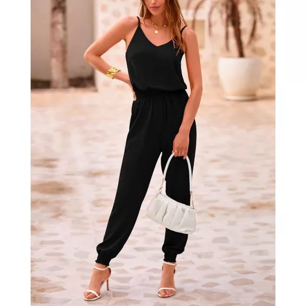 imageBTFBM Jumpsuits For Women Summer Casual Sleeveless Spaghetti Strap Long Pants Rompers Elastic Waist One Piece JumpsuitSolid Black