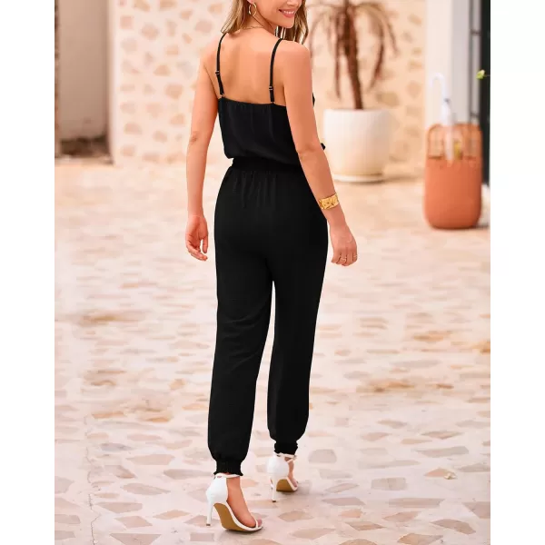 imageBTFBM Jumpsuits For Women Summer Casual Sleeveless Spaghetti Strap Long Pants Rompers Elastic Waist One Piece JumpsuitSolid Black