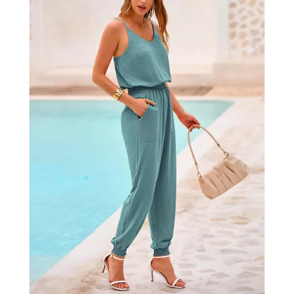 imageBTFBM Jumpsuits For Women Summer Casual Sleeveless Spaghetti Strap Long Pants Rompers Elastic Waist One Piece JumpsuitSolid Blue Green