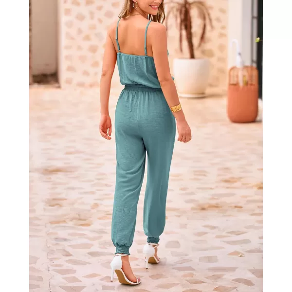 imageBTFBM Jumpsuits For Women Summer Casual Sleeveless Spaghetti Strap Long Pants Rompers Elastic Waist One Piece JumpsuitSolid Blue Green