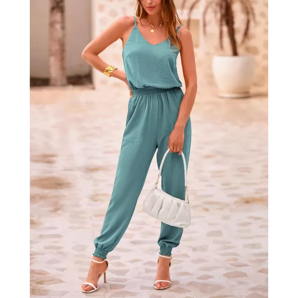 imageBTFBM Jumpsuits For Women Summer Casual Sleeveless Spaghetti Strap Long Pants Rompers Elastic Waist One Piece JumpsuitSolid Blue Green