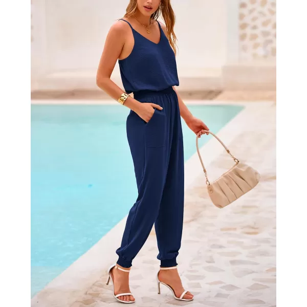 imageBTFBM Jumpsuits For Women Summer Casual Sleeveless Spaghetti Strap Long Pants Rompers Elastic Waist One Piece JumpsuitSolid Dark Blue