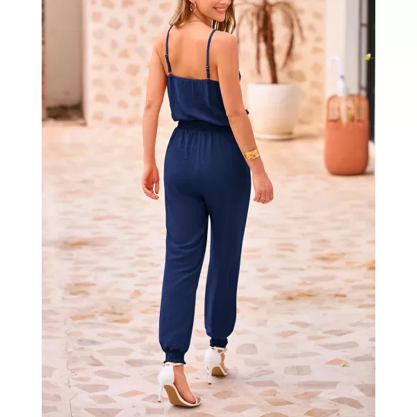 imageBTFBM Jumpsuits For Women Summer Casual Sleeveless Spaghetti Strap Long Pants Rompers Elastic Waist One Piece JumpsuitSolid Dark Blue