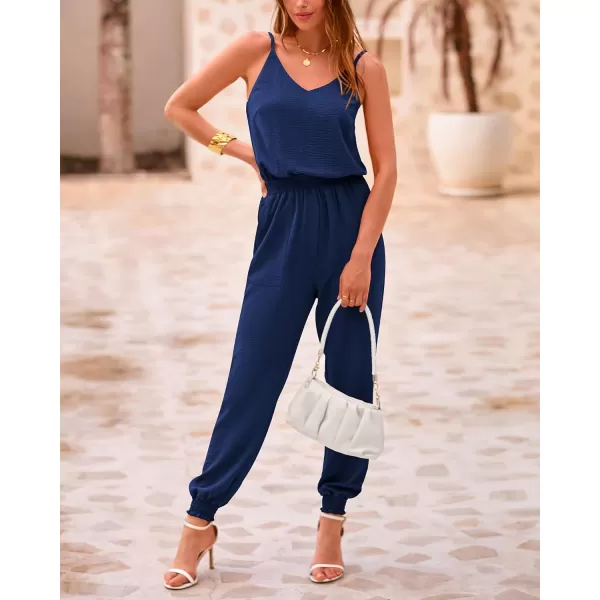 imageBTFBM Jumpsuits For Women Summer Casual Sleeveless Spaghetti Strap Long Pants Rompers Elastic Waist One Piece JumpsuitSolid Dark Blue