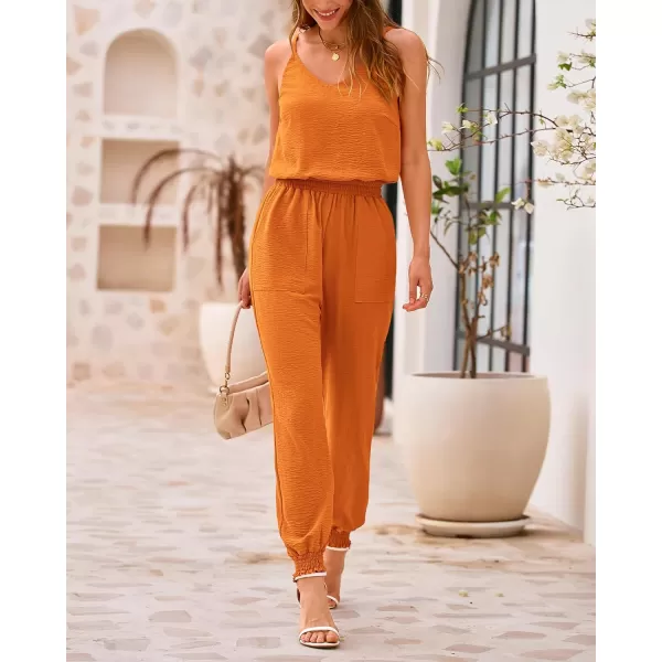 imageBTFBM Jumpsuits For Women Summer Casual Sleeveless Spaghetti Strap Long Pants Rompers Elastic Waist One Piece JumpsuitSolid Orange