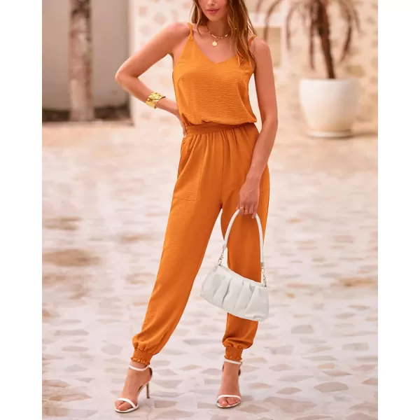 imageBTFBM Jumpsuits For Women Summer Casual Sleeveless Spaghetti Strap Long Pants Rompers Elastic Waist One Piece JumpsuitSolid Orange