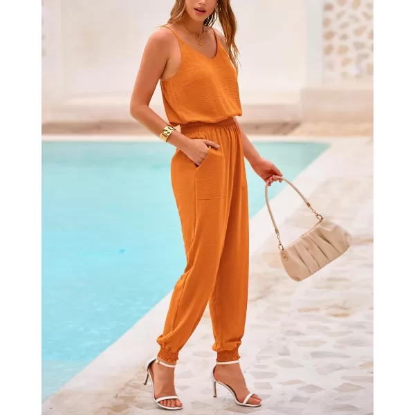 imageBTFBM Jumpsuits For Women Summer Casual Sleeveless Spaghetti Strap Long Pants Rompers Elastic Waist One Piece JumpsuitSolid Orange