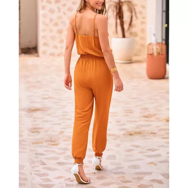 imageBTFBM Jumpsuits For Women Summer Casual Sleeveless Spaghetti Strap Long Pants Rompers Elastic Waist One Piece JumpsuitSolid Orange
