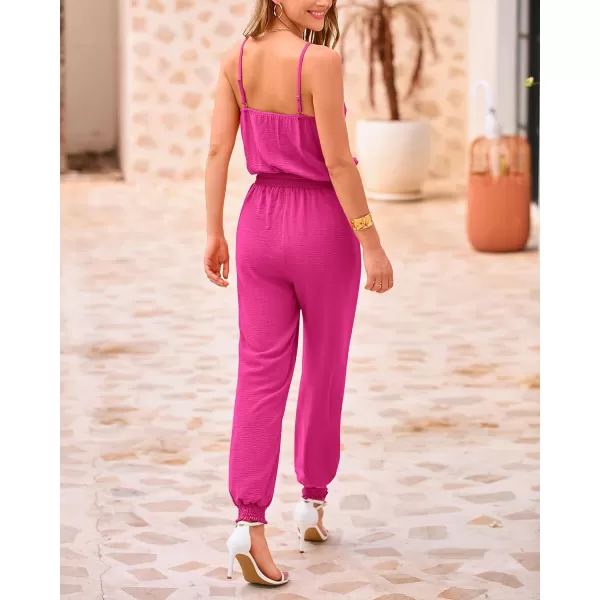 imageBTFBM Jumpsuits For Women Summer Casual Sleeveless Spaghetti Strap Long Pants Rompers Elastic Waist One Piece JumpsuitSolid Rose Red