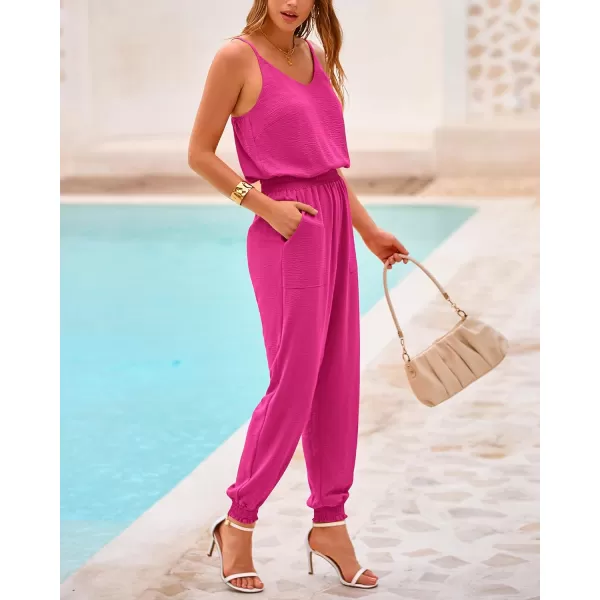 imageBTFBM Jumpsuits For Women Summer Casual Sleeveless Spaghetti Strap Long Pants Rompers Elastic Waist One Piece JumpsuitSolid Rose Red