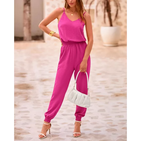 imageBTFBM Jumpsuits For Women Summer Casual Sleeveless Spaghetti Strap Long Pants Rompers Elastic Waist One Piece JumpsuitSolid Rose Red