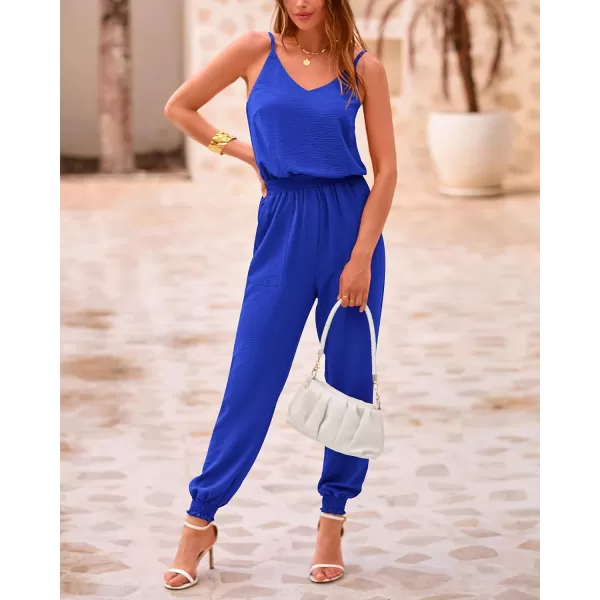 imageBTFBM Jumpsuits For Women Summer Casual Sleeveless Spaghetti Strap Long Pants Rompers Elastic Waist One Piece JumpsuitSolid Royal Blue