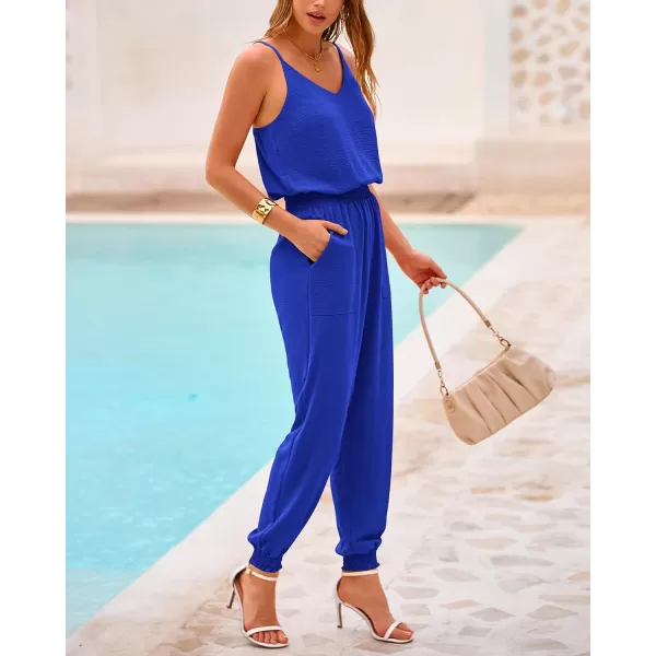 imageBTFBM Jumpsuits For Women Summer Casual Sleeveless Spaghetti Strap Long Pants Rompers Elastic Waist One Piece JumpsuitSolid Royal Blue