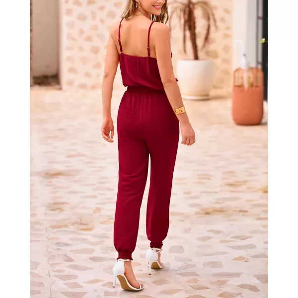 imageBTFBM Jumpsuits For Women Summer Casual Sleeveless Spaghetti Strap Long Pants Rompers Elastic Waist One Piece JumpsuitSolid Wine Red