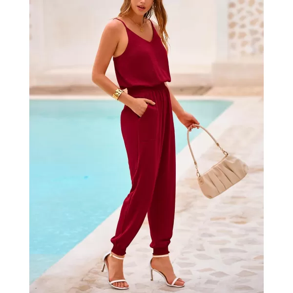 imageBTFBM Jumpsuits For Women Summer Casual Sleeveless Spaghetti Strap Long Pants Rompers Elastic Waist One Piece JumpsuitSolid Wine Red