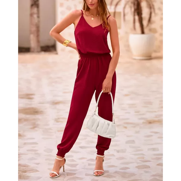 imageBTFBM Jumpsuits For Women Summer Casual Sleeveless Spaghetti Strap Long Pants Rompers Elastic Waist One Piece JumpsuitSolid Wine Red