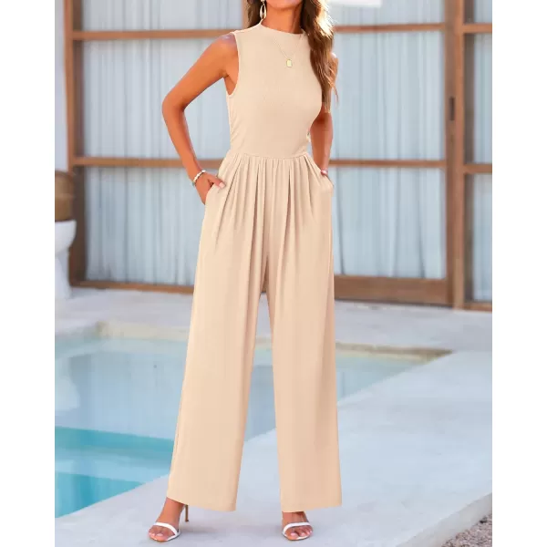 imageBTFBM One Piece Jumpsuits For Women Dressy Casual Summer Outfits Sleeveless Mock Neck Wide Leg Pants Rompers With PocketSolid Beige