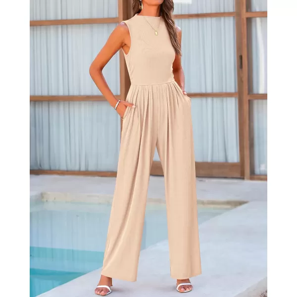 imageBTFBM One Piece Jumpsuits For Women Dressy Casual Summer Outfits Sleeveless Mock Neck Wide Leg Pants Rompers With PocketSolid Beige