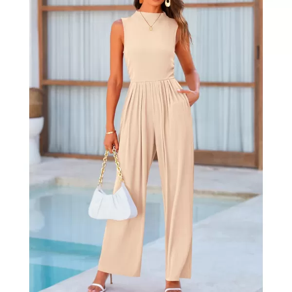 imageBTFBM One Piece Jumpsuits For Women Dressy Casual Summer Outfits Sleeveless Mock Neck Wide Leg Pants Rompers With PocketSolid Beige