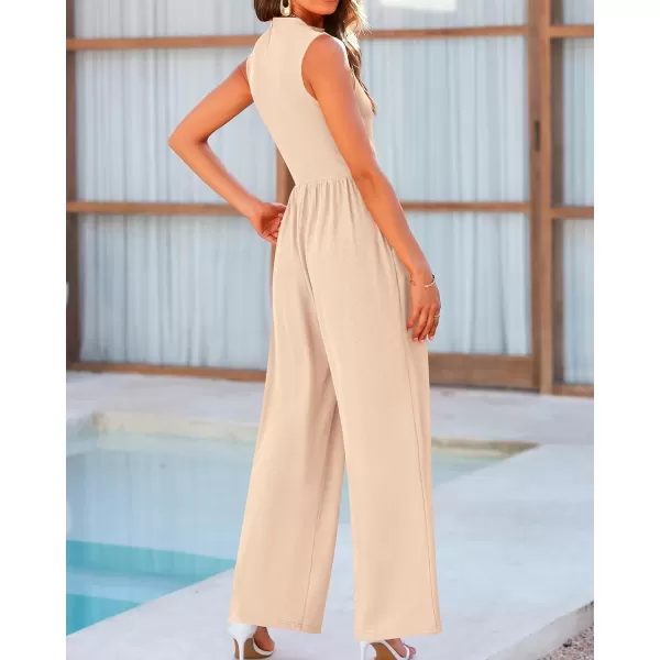 imageBTFBM One Piece Jumpsuits For Women Dressy Casual Summer Outfits Sleeveless Mock Neck Wide Leg Pants Rompers With PocketSolid Beige