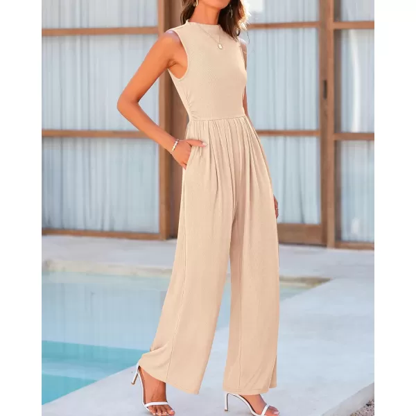imageBTFBM One Piece Jumpsuits For Women Dressy Casual Summer Outfits Sleeveless Mock Neck Wide Leg Pants Rompers With PocketSolid Beige