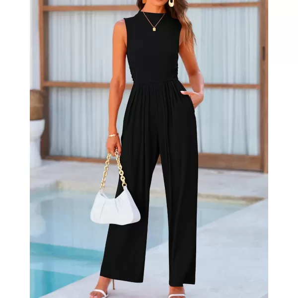 imageBTFBM One Piece Jumpsuits For Women Dressy Casual Summer Outfits Sleeveless Mock Neck Wide Leg Pants Rompers With PocketSolid Black
