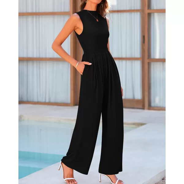 imageBTFBM One Piece Jumpsuits For Women Dressy Casual Summer Outfits Sleeveless Mock Neck Wide Leg Pants Rompers With PocketSolid Black