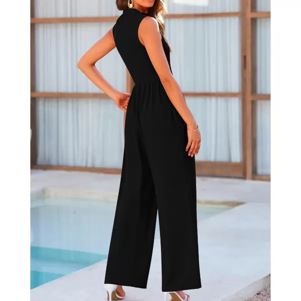 imageBTFBM One Piece Jumpsuits For Women Dressy Casual Summer Outfits Sleeveless Mock Neck Wide Leg Pants Rompers With PocketSolid Black