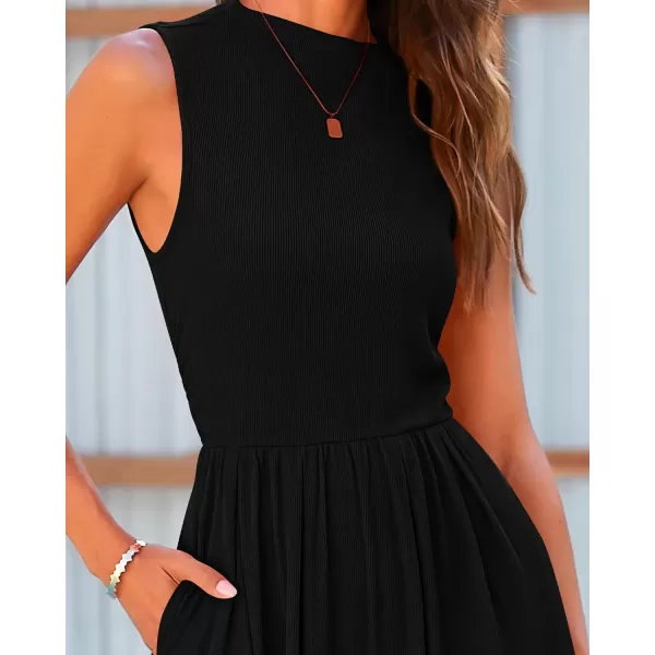 imageBTFBM One Piece Jumpsuits For Women Dressy Casual Summer Outfits Sleeveless Mock Neck Wide Leg Pants Rompers With PocketSolid Black