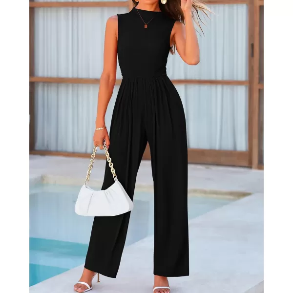 imageBTFBM One Piece Jumpsuits For Women Dressy Casual Summer Outfits Sleeveless Mock Neck Wide Leg Pants Rompers With PocketSolid Black