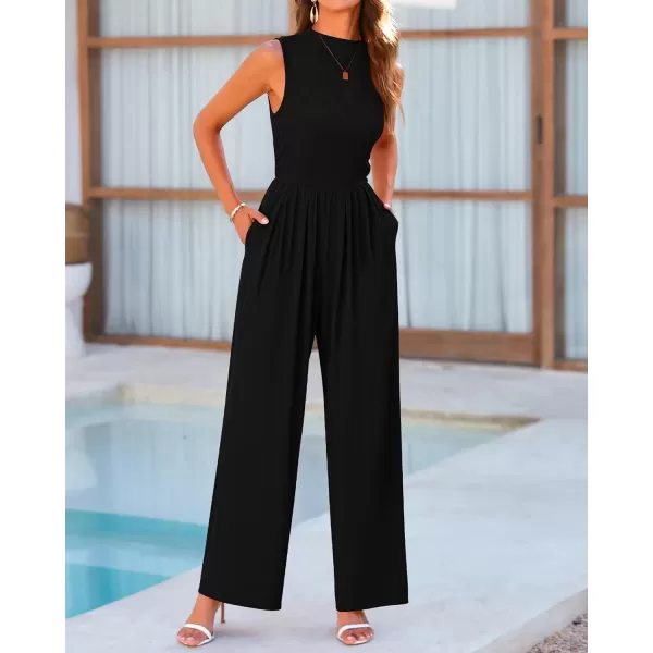 imageBTFBM One Piece Jumpsuits For Women Dressy Casual Summer Outfits Sleeveless Mock Neck Wide Leg Pants Rompers With PocketSolid Black