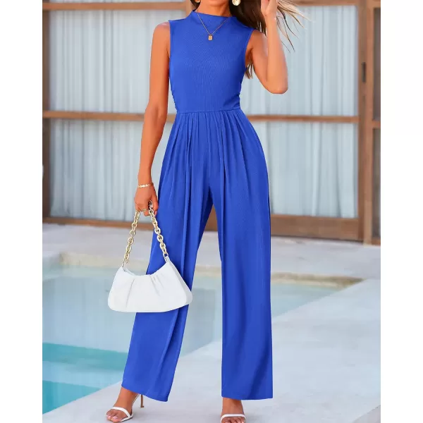 imageBTFBM One Piece Jumpsuits For Women Dressy Casual Summer Outfits Sleeveless Mock Neck Wide Leg Pants Rompers With PocketSolid Blue