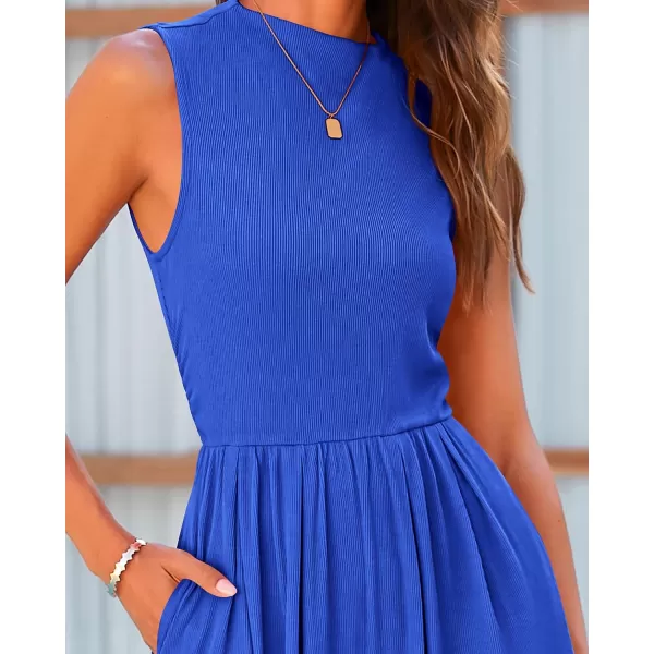 imageBTFBM One Piece Jumpsuits For Women Dressy Casual Summer Outfits Sleeveless Mock Neck Wide Leg Pants Rompers With PocketSolid Blue