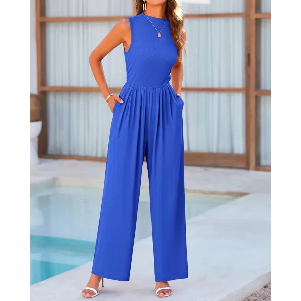 imageBTFBM One Piece Jumpsuits For Women Dressy Casual Summer Outfits Sleeveless Mock Neck Wide Leg Pants Rompers With PocketSolid Blue