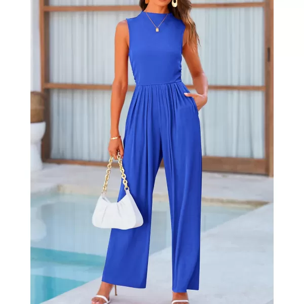 imageBTFBM One Piece Jumpsuits For Women Dressy Casual Summer Outfits Sleeveless Mock Neck Wide Leg Pants Rompers With PocketSolid Blue