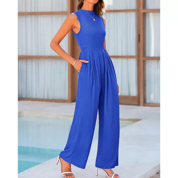 imageBTFBM One Piece Jumpsuits For Women Dressy Casual Summer Outfits Sleeveless Mock Neck Wide Leg Pants Rompers With PocketSolid Blue