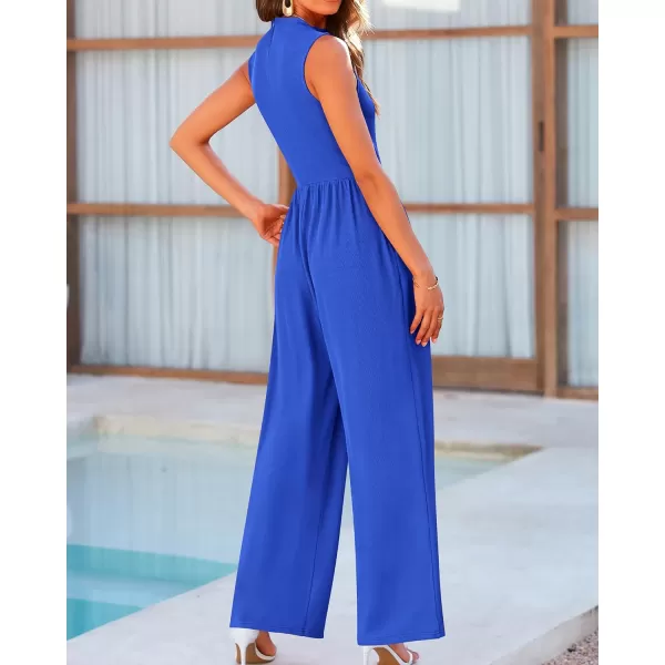 imageBTFBM One Piece Jumpsuits For Women Dressy Casual Summer Outfits Sleeveless Mock Neck Wide Leg Pants Rompers With PocketSolid Blue