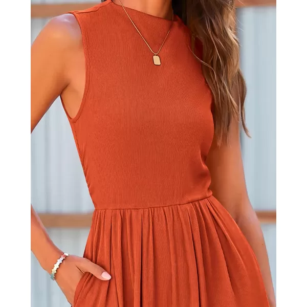 imageBTFBM One Piece Jumpsuits For Women Dressy Casual Summer Outfits Sleeveless Mock Neck Wide Leg Pants Rompers With PocketSolid Brick Red