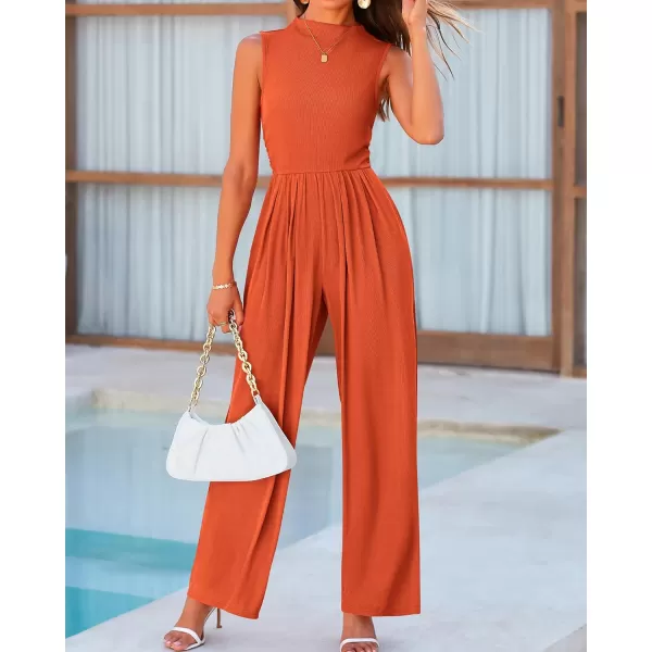 imageBTFBM One Piece Jumpsuits For Women Dressy Casual Summer Outfits Sleeveless Mock Neck Wide Leg Pants Rompers With PocketSolid Brick Red