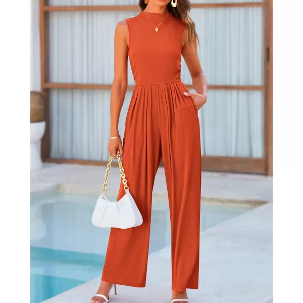imageBTFBM One Piece Jumpsuits For Women Dressy Casual Summer Outfits Sleeveless Mock Neck Wide Leg Pants Rompers With PocketSolid Brick Red