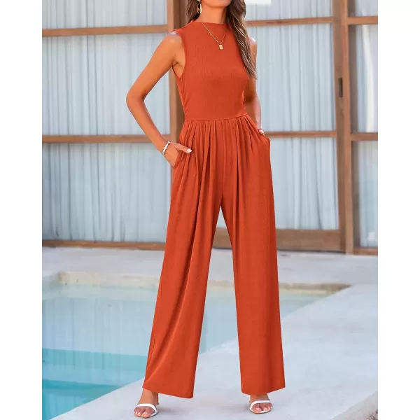 imageBTFBM One Piece Jumpsuits For Women Dressy Casual Summer Outfits Sleeveless Mock Neck Wide Leg Pants Rompers With PocketSolid Brick Red