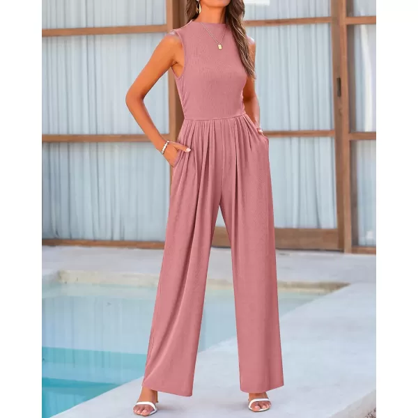 imageBTFBM One Piece Jumpsuits For Women Dressy Casual Summer Outfits Sleeveless Mock Neck Wide Leg Pants Rompers With PocketSolid Dusty Pink