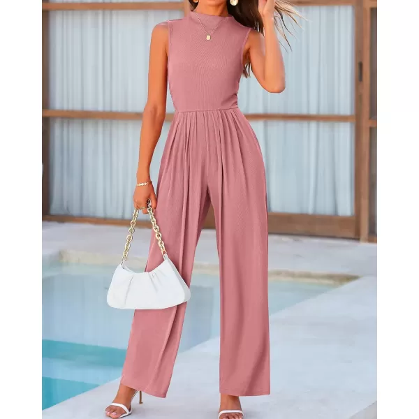 imageBTFBM One Piece Jumpsuits For Women Dressy Casual Summer Outfits Sleeveless Mock Neck Wide Leg Pants Rompers With PocketSolid Dusty Pink