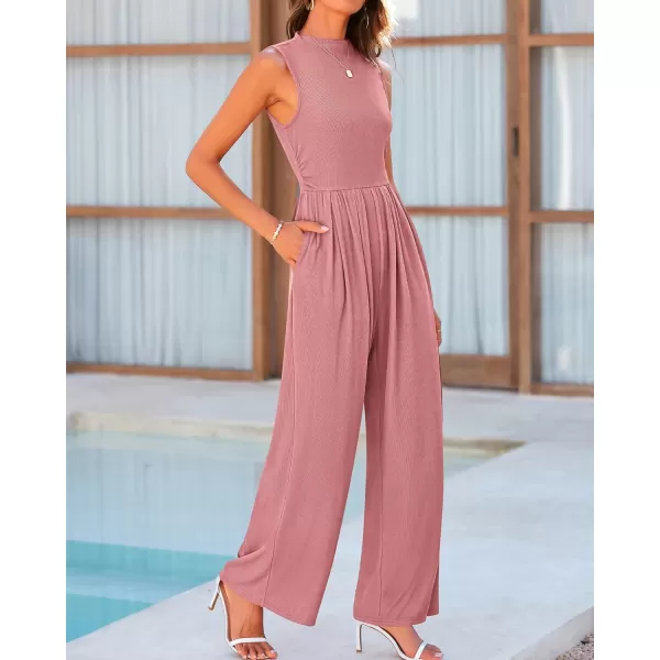 imageBTFBM One Piece Jumpsuits For Women Dressy Casual Summer Outfits Sleeveless Mock Neck Wide Leg Pants Rompers With PocketSolid Dusty Pink