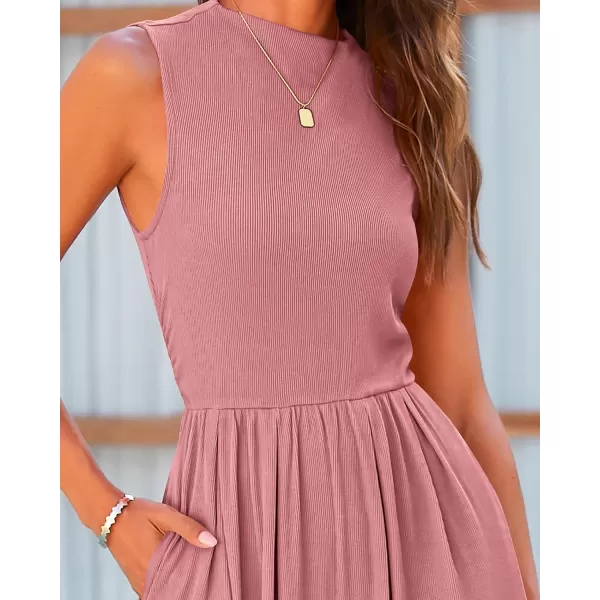 imageBTFBM One Piece Jumpsuits For Women Dressy Casual Summer Outfits Sleeveless Mock Neck Wide Leg Pants Rompers With PocketSolid Dusty Pink